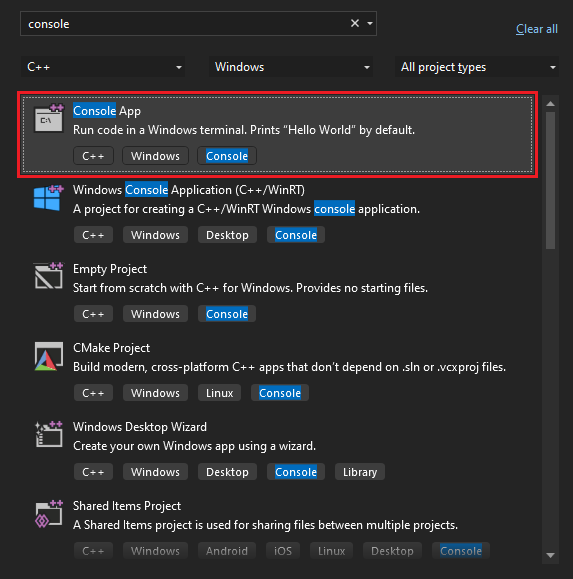 Screenshot that shows how to search for and select the Console App template in the Visual Studio 2022 Start window.