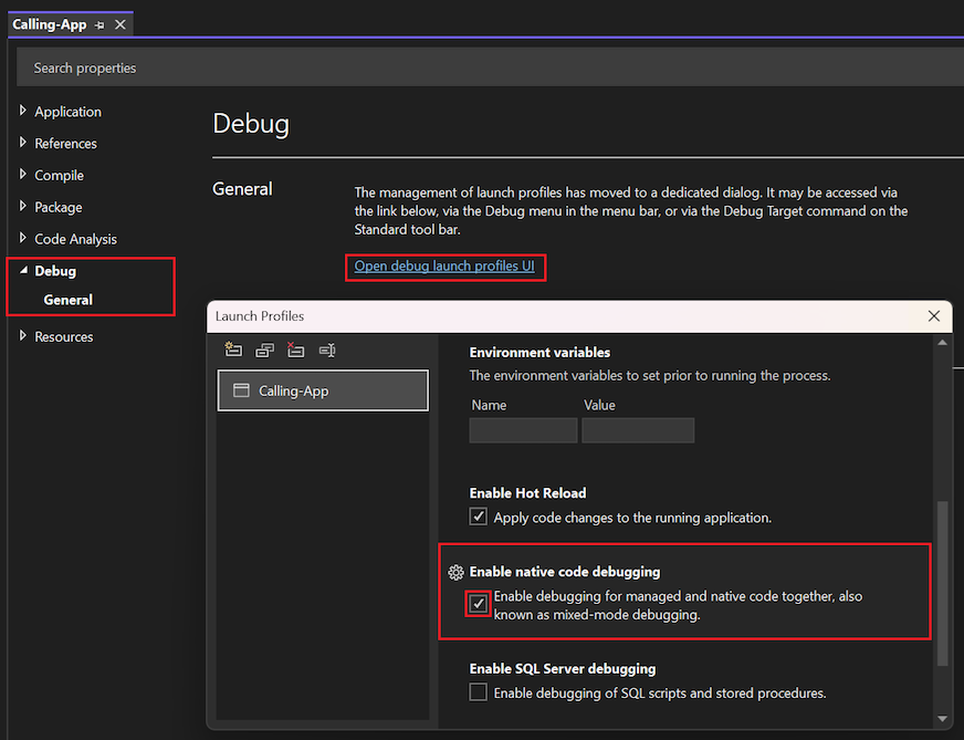 Screenshot that shows how to enable mixed mode debugging for a C# or Visual Basic project in Visual Studio.