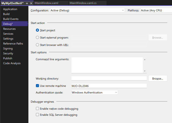 Screenshot of the Debug tab in the Visual Studio Project Properties. The Use remote machine property is set to 'MJO-DL:4026'.