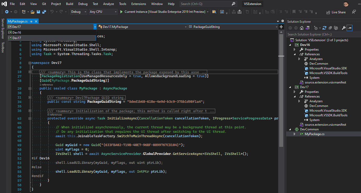 Screenshot that shows a solution with one shared project and two V S I X projects.