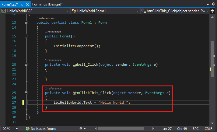 Screenshot showing the code window where you add code to the form.