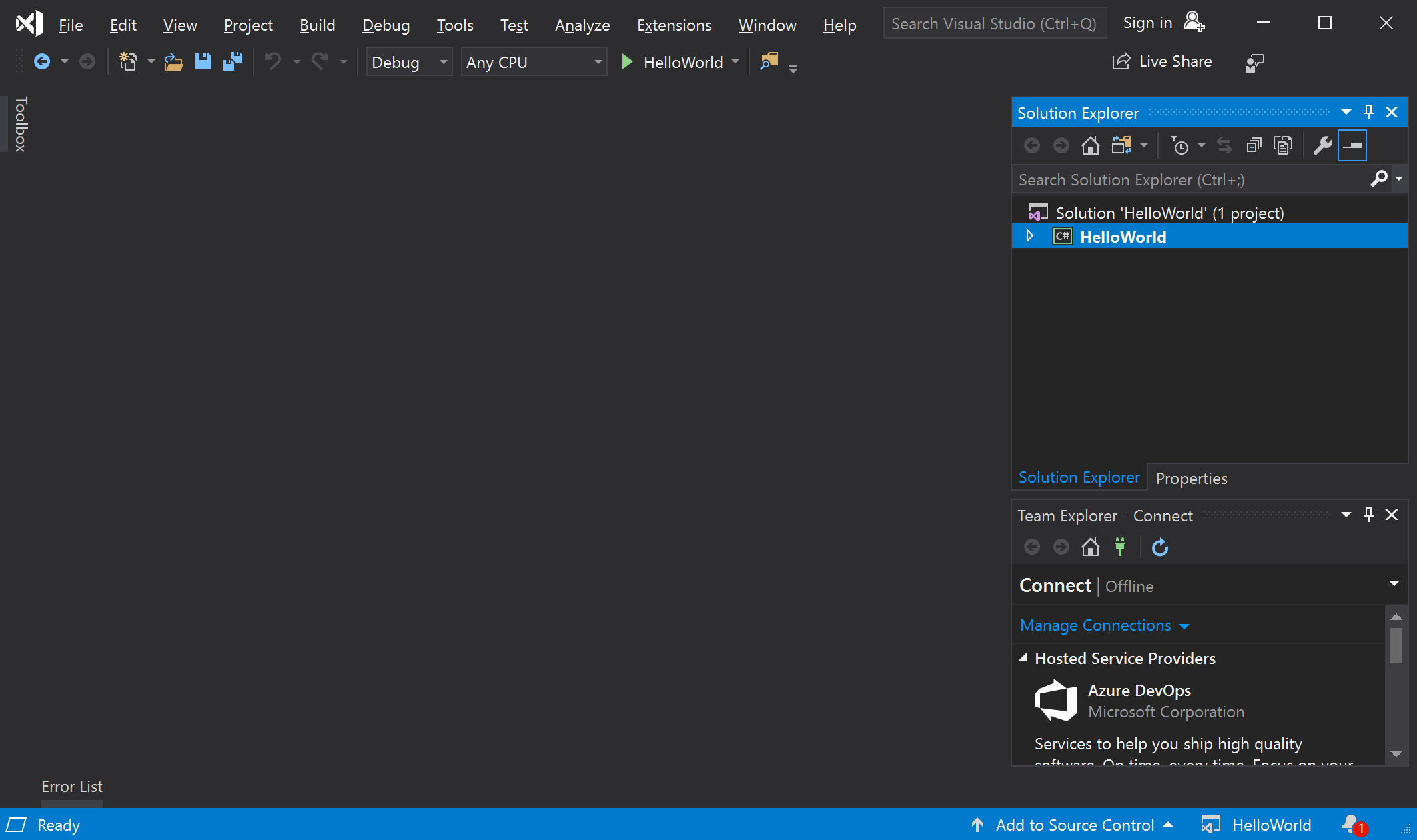 Screenshot that shows Visual Studio in Dark theme.