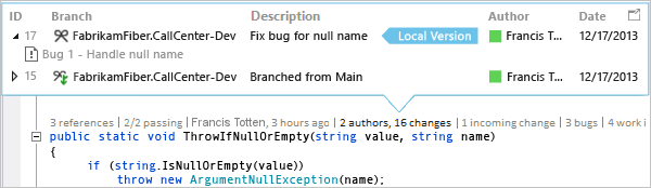 Screenshot of CodeLens - Change checked into another branch in Visual Studio 2019.