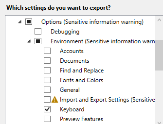 Screenshot that shows an example of how to export only customized keyboard shortcuts.