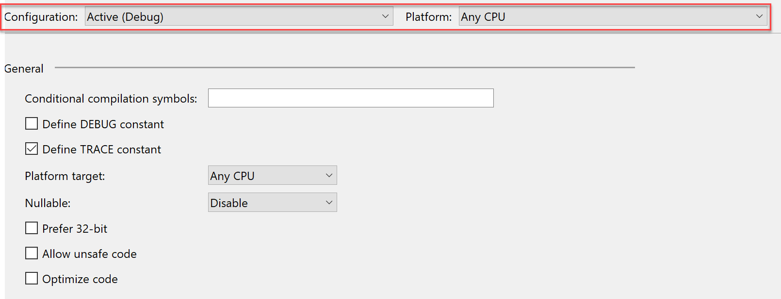 Screenshot showing project properties that are dependent on the configuration and platform.