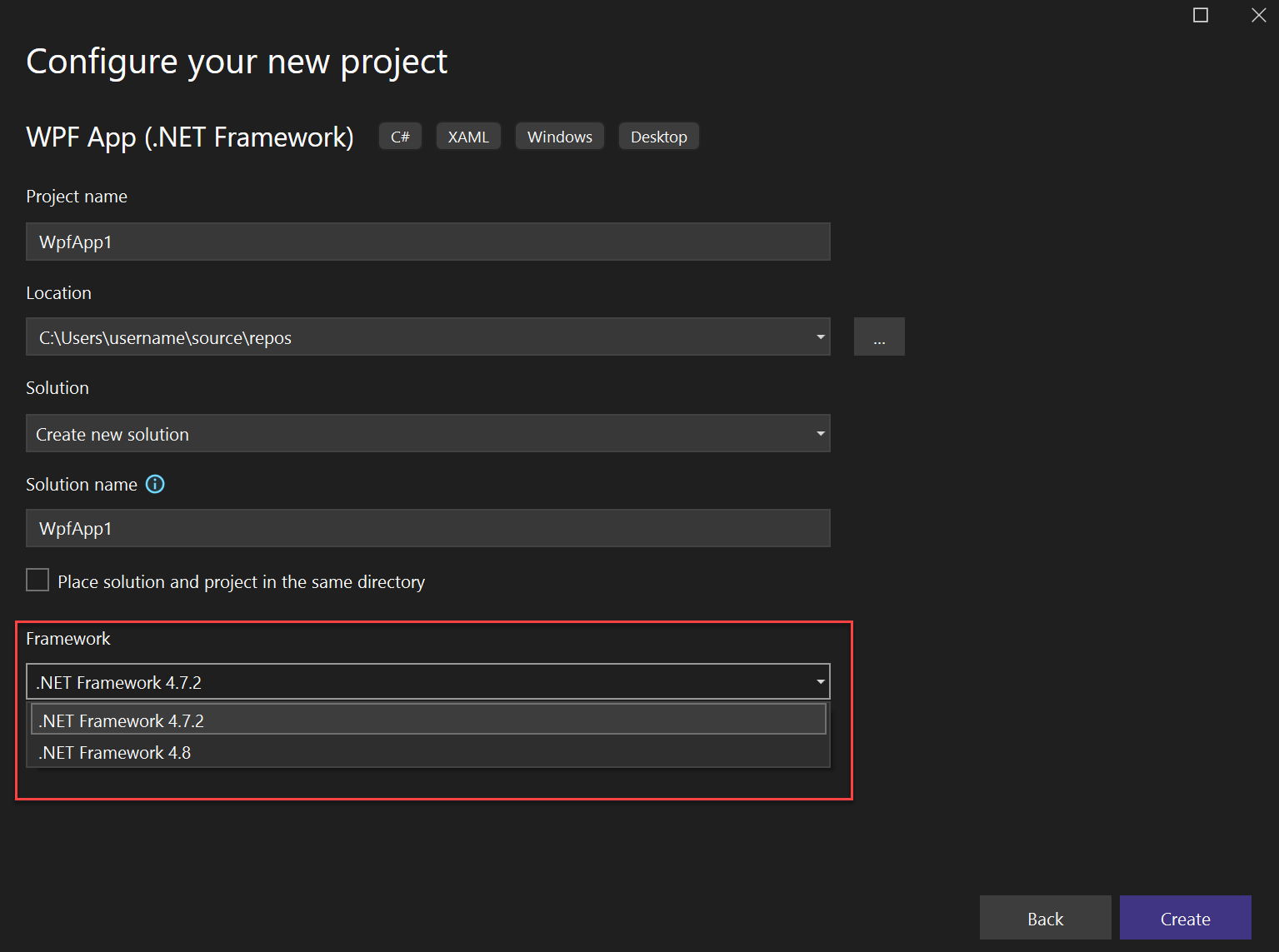 Screenshot of the Framework dropdown list in the Configure new project dialog.