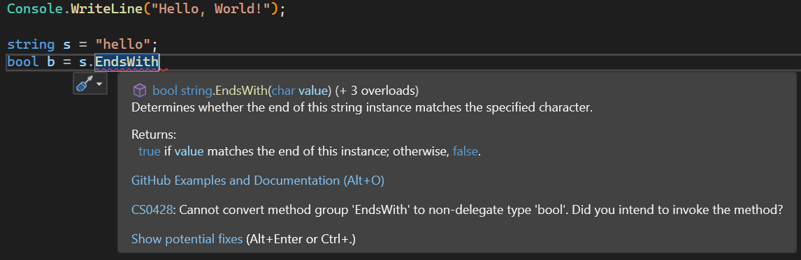 Screenshot of the IntelliSense Quick Info feature.