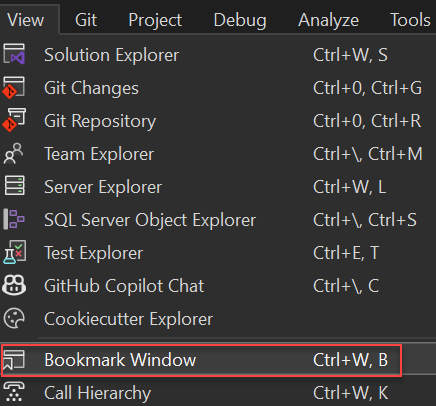 Screenshot that shows the Bookmarks window option in the View menu.