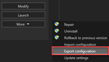 Screenshot of Export configuration from the product card in the Visual Studio installer.