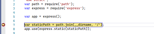 Screenshot of the Visual Studio code window showing JavaScript code. A red dot in the left gutter with yellow arrow indicates pause of execution of code.