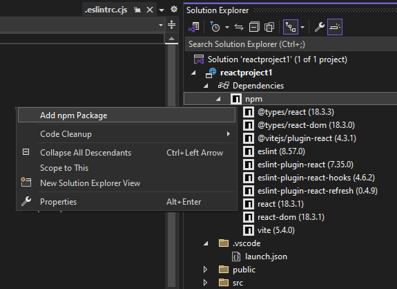 Open package manager from Solution Explorer