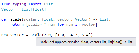 Screenshot that shows how hovering over a function call to reveal type hints.