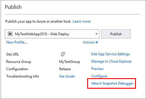 Attach Snapshot Debugger from Publish Summary page