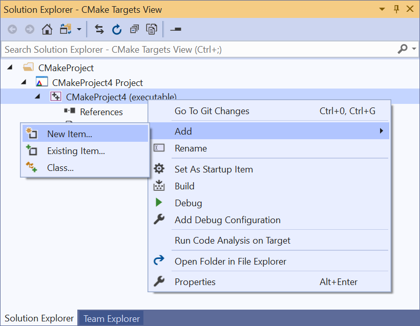 'Add' menu in CMake Targets View