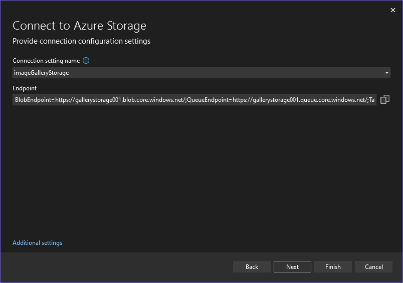 Connect to Azure Storage dialog