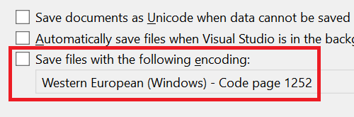 The default file encoding option in Tools\Options