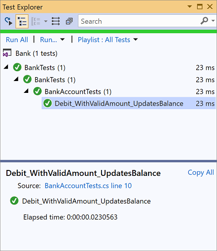 Test Explorer in Visual Studio 2019 showing passed test