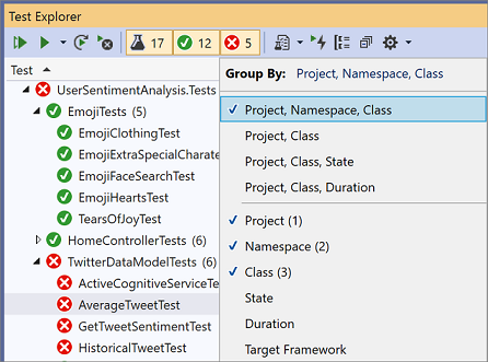 Screenshot that shows selections for grouping tests by category in Test Explorer.