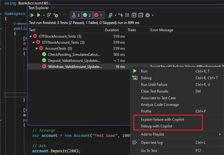 Screenshot of debugging tests with Copilot.