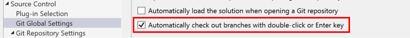 Screenshot showing the checkbox to check out branches with double-click or Enter key in the Options dialog box.