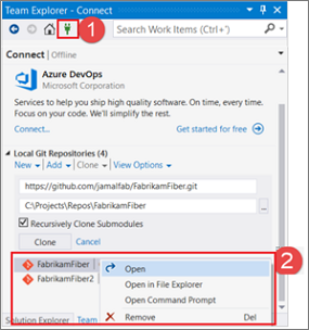 Screenshot of the Connect window for Team Explorer in Visual Studio 2019, with a 'switch between repos' procedure overlay.