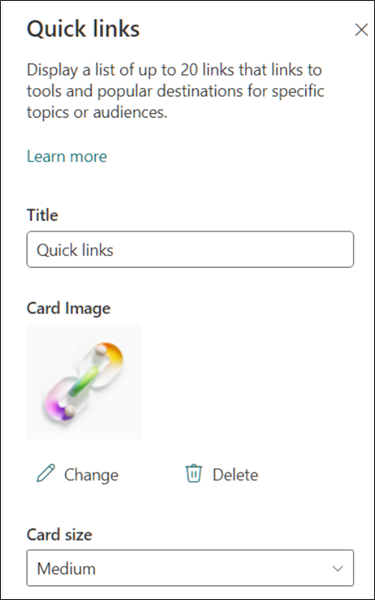 Screenshot of the Quick links properties pane showing card customization options.