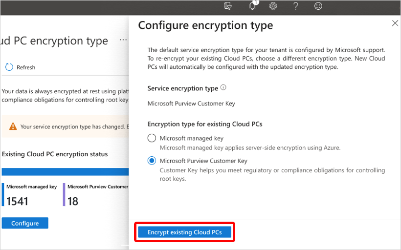 Screenshot of Encrypt existing Cloud PCs button.