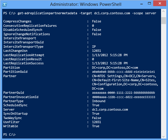 Screenshot that shows how to get the readable replication state of a single domain controller.