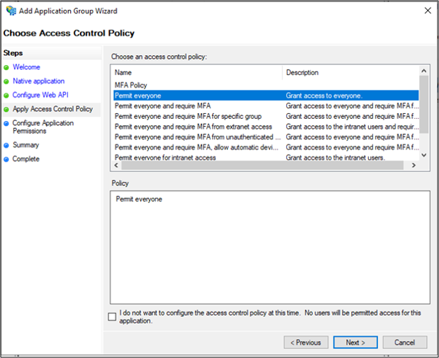 Screenshot of the Choose Access Control Policy page of the Add Application Group Wizard showing the Permit everyone option highlighted.