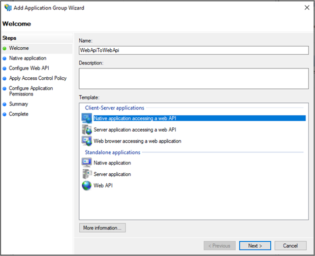 Screenshot of the Welcome page of the Add Application Group Wizard showing the Native application accessing a Web API template highlighted.