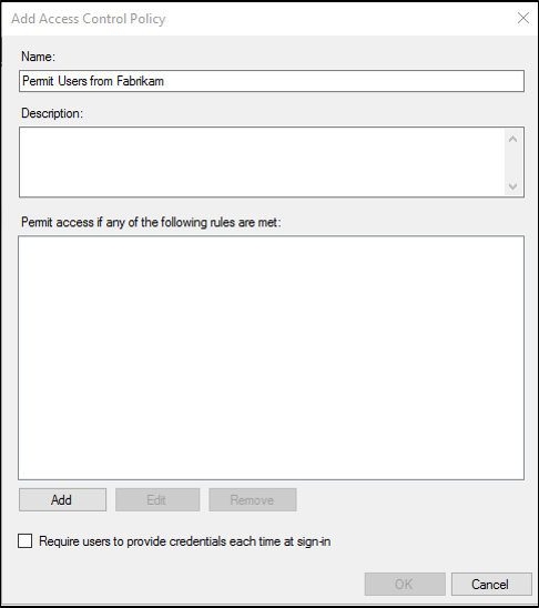 Screenshot that shows where to add an Access Control Policy when you create a rule to permit users based on an incoming claim on Windows Server 2016.