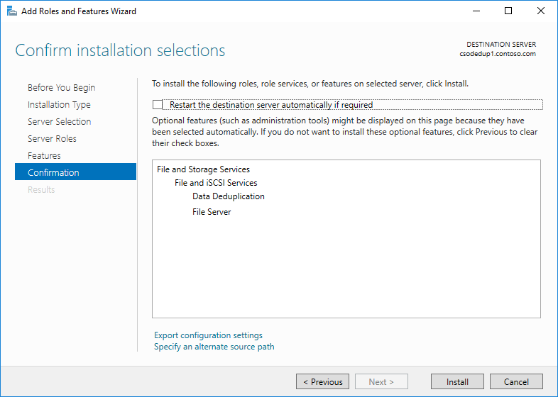 Install Data Deduplication via Server Manager: click install