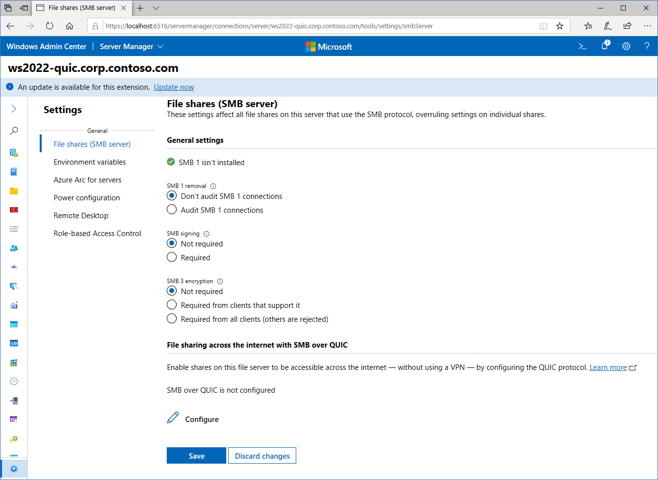 An image showing the configuration screen for SMB over QUIC in Windows Admin Center.