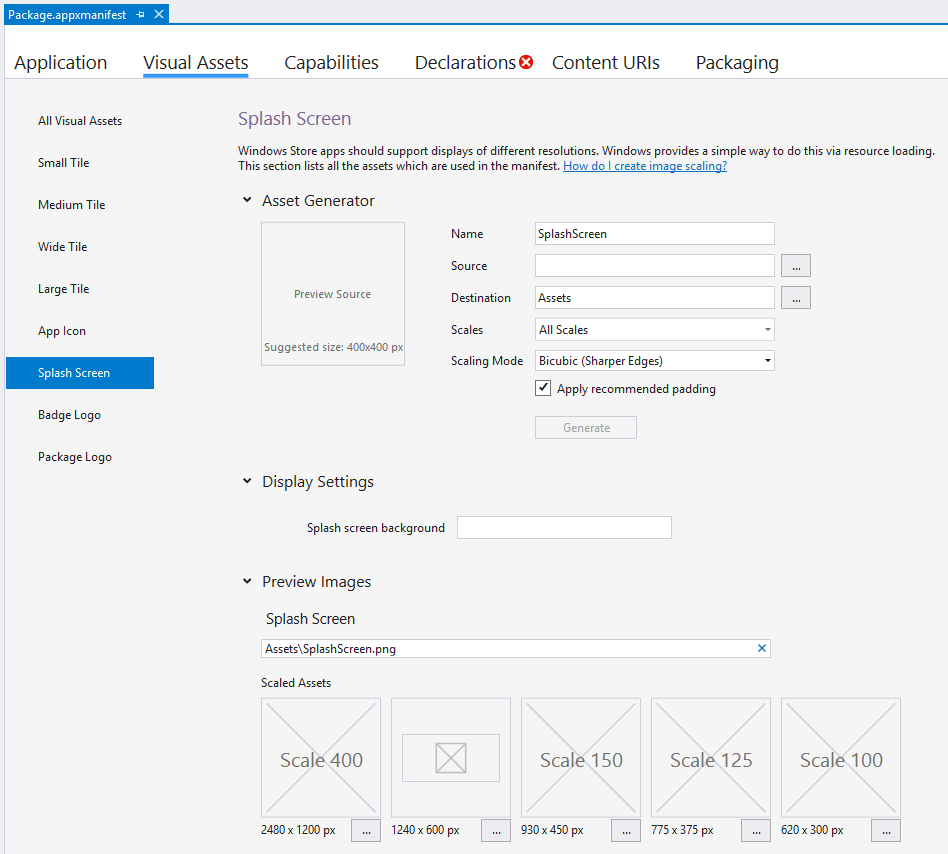 a screen shot of the "package.appxmanifest" window in Visual Studio 2019