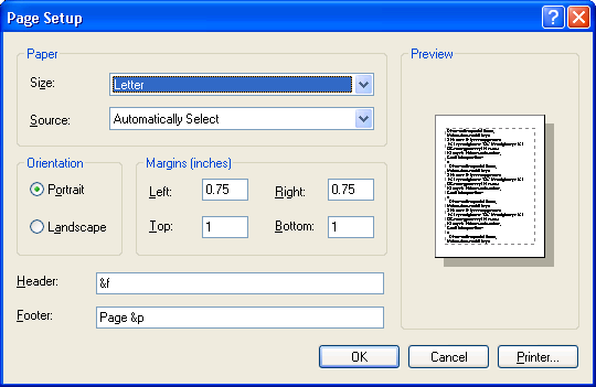 page setup dialog box