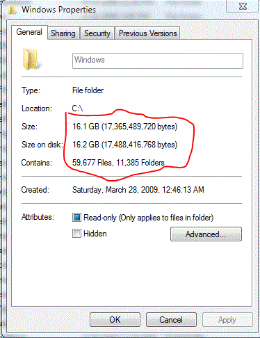 Screenshot that shows the 'General' page of Windows Properties with the 'Size', 'Size on disk', and 'Contains' text circled.