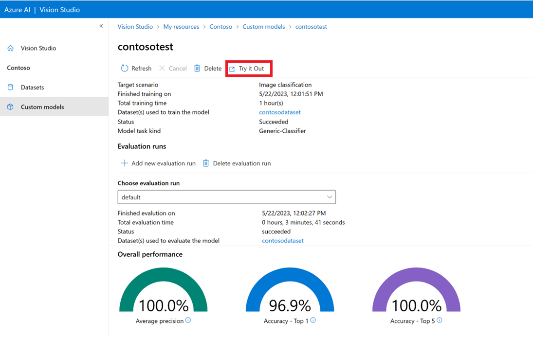 Screenshot of the model evaluation screen with Try it out button outlined.