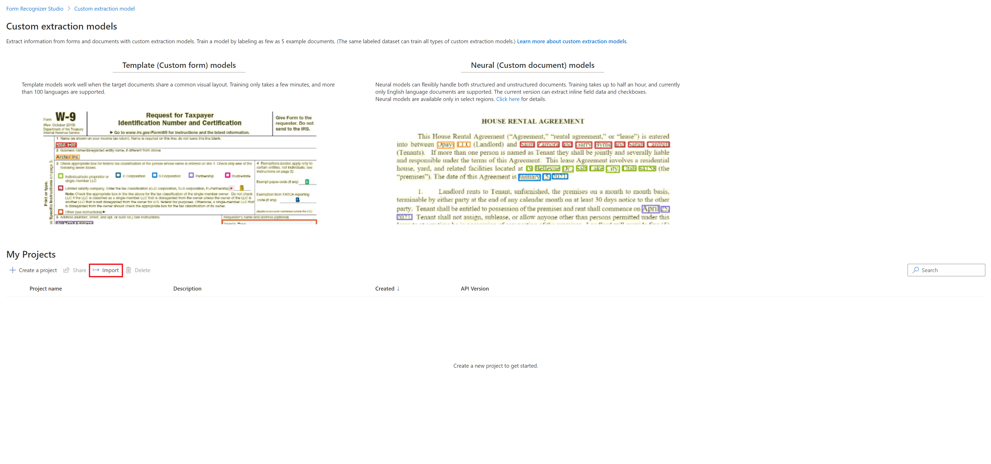 Screenshot of Select import within custom extraction model page.