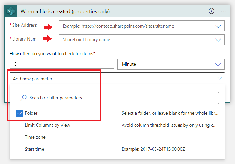 Screenshot of the When a file is created window with added parameter.