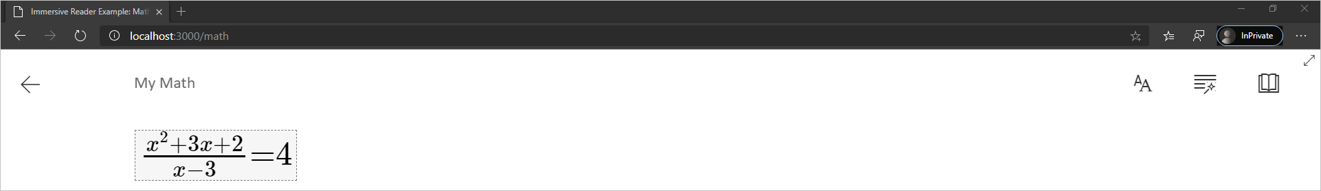 Screenshot of the rendered math equation in Immersive Reader.