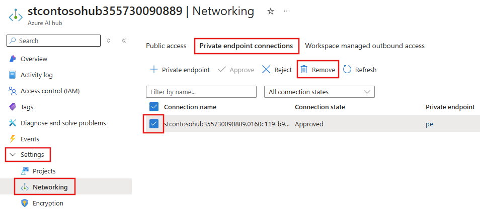 Screenshot of a selected private endpoint with the remove option highlighted.