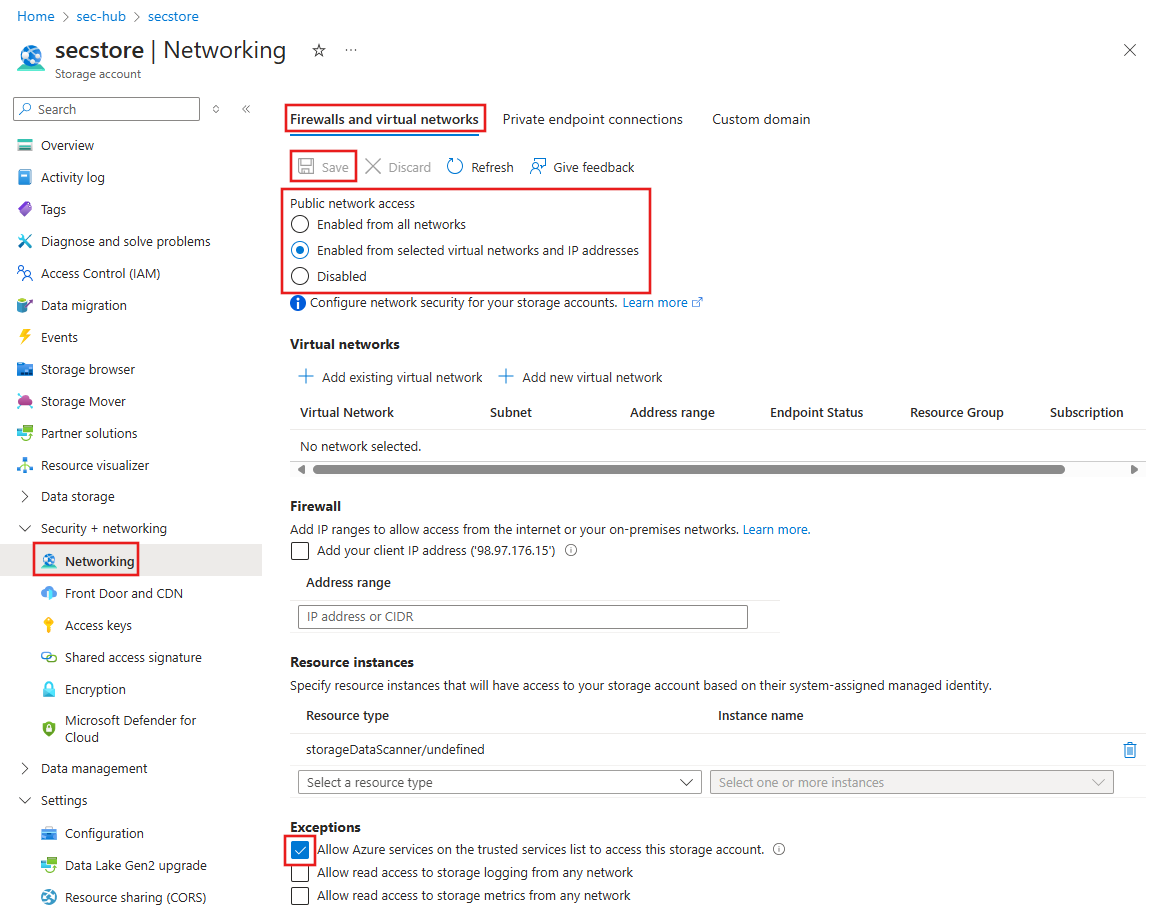 Screenshot of storage account network configuration.