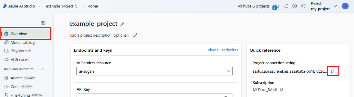 Screenshot shows the overview page of a project and the location of the connection string.