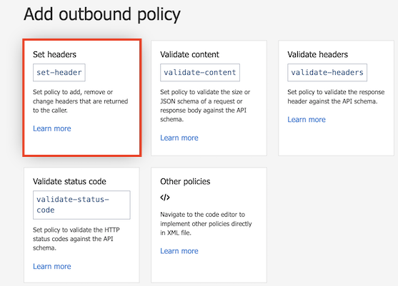 Screenshot of configuring the Set headers policy in the portal.