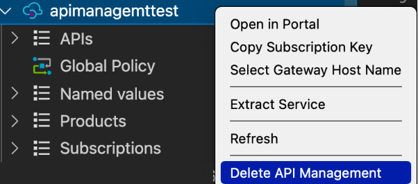 Delete API Management instance from VS Code