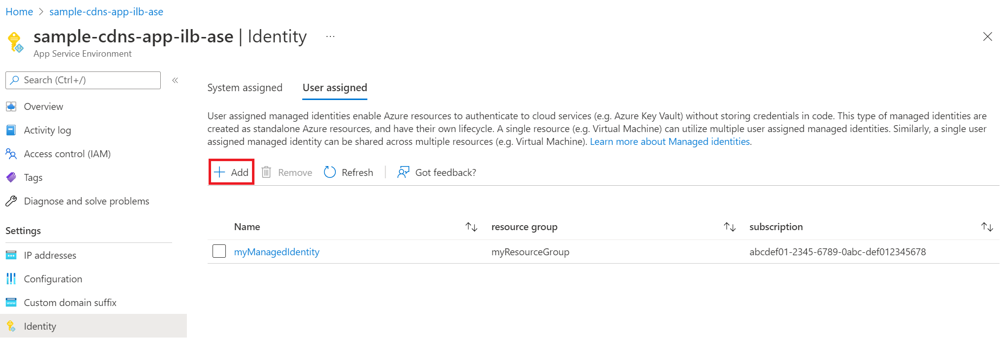 Screenshot of a sample user assigned managed identity for App Service Environment.