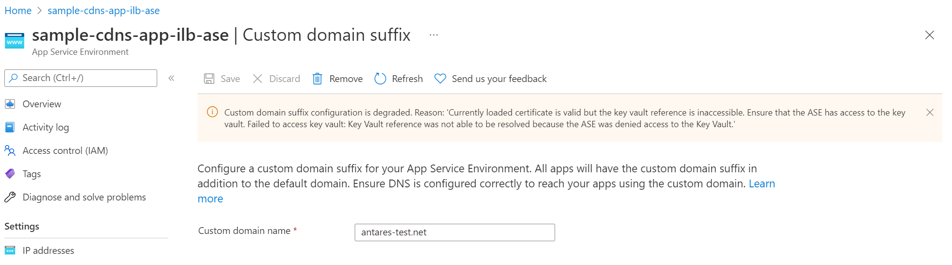 Screenshot of a sample custom domain suffix error message.