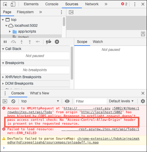 Screenshot of the CORS error in the browser client.