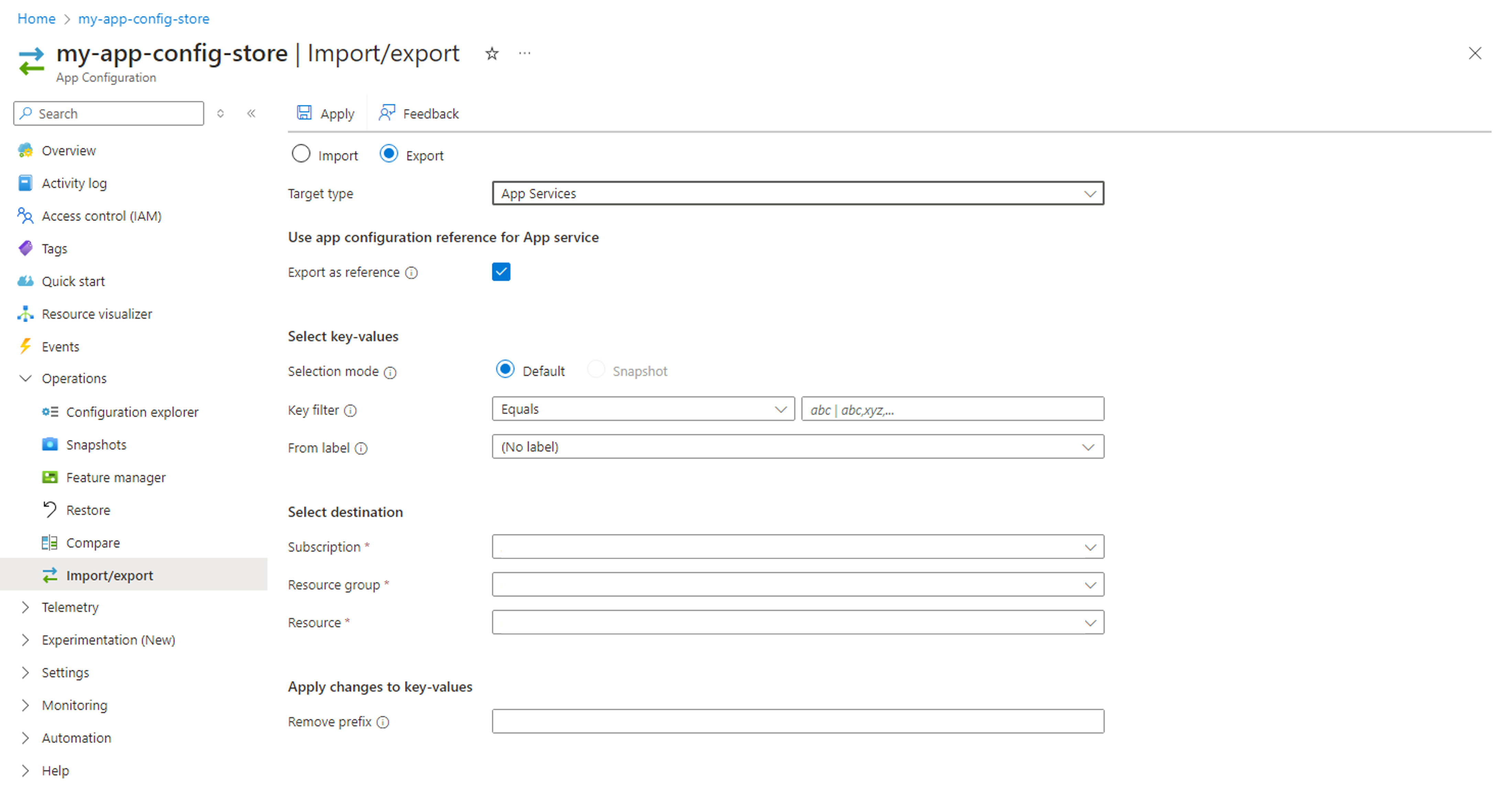 Screenshot of the Azure portal, exporting from App Service.