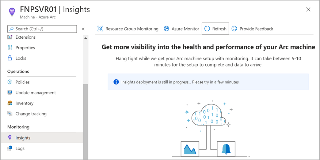 Screenshot of Insights installation page for machine showing progress status message.